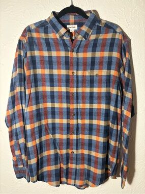 Haggar Men's Blue, Orange & Cream Plaid Button Down Flannel Shirt